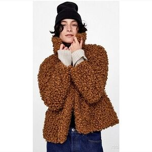 ZARA | Curly Fuzzy Brown Jacket With Hook And Eye Closure | Size Small